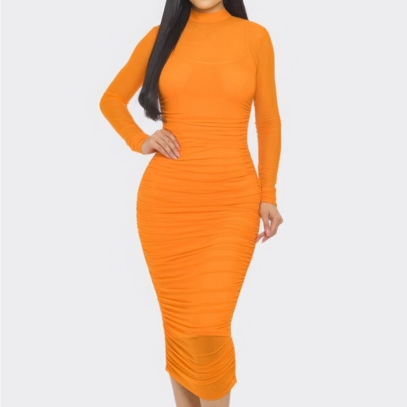 Solid Mesh Ruched Midi Dress - Picture 1 of 3